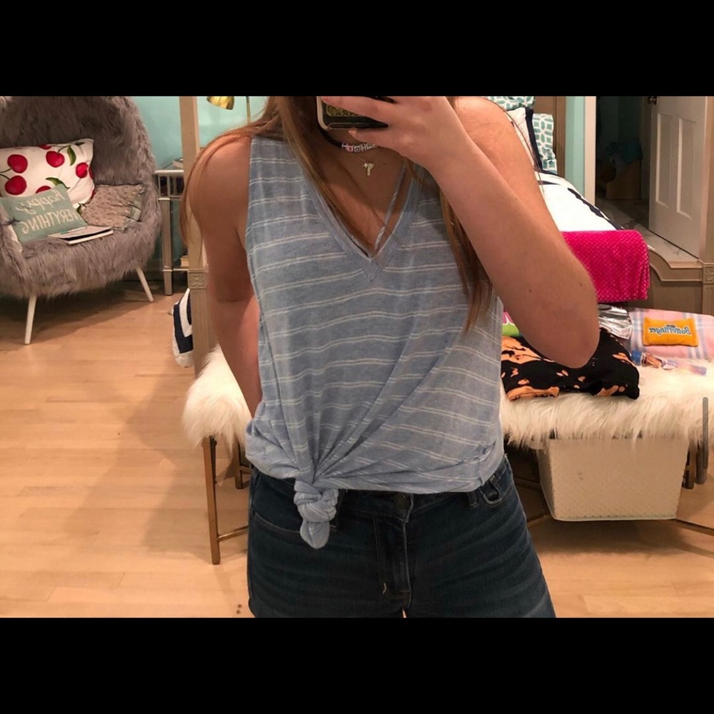 blue & white striped v neck top